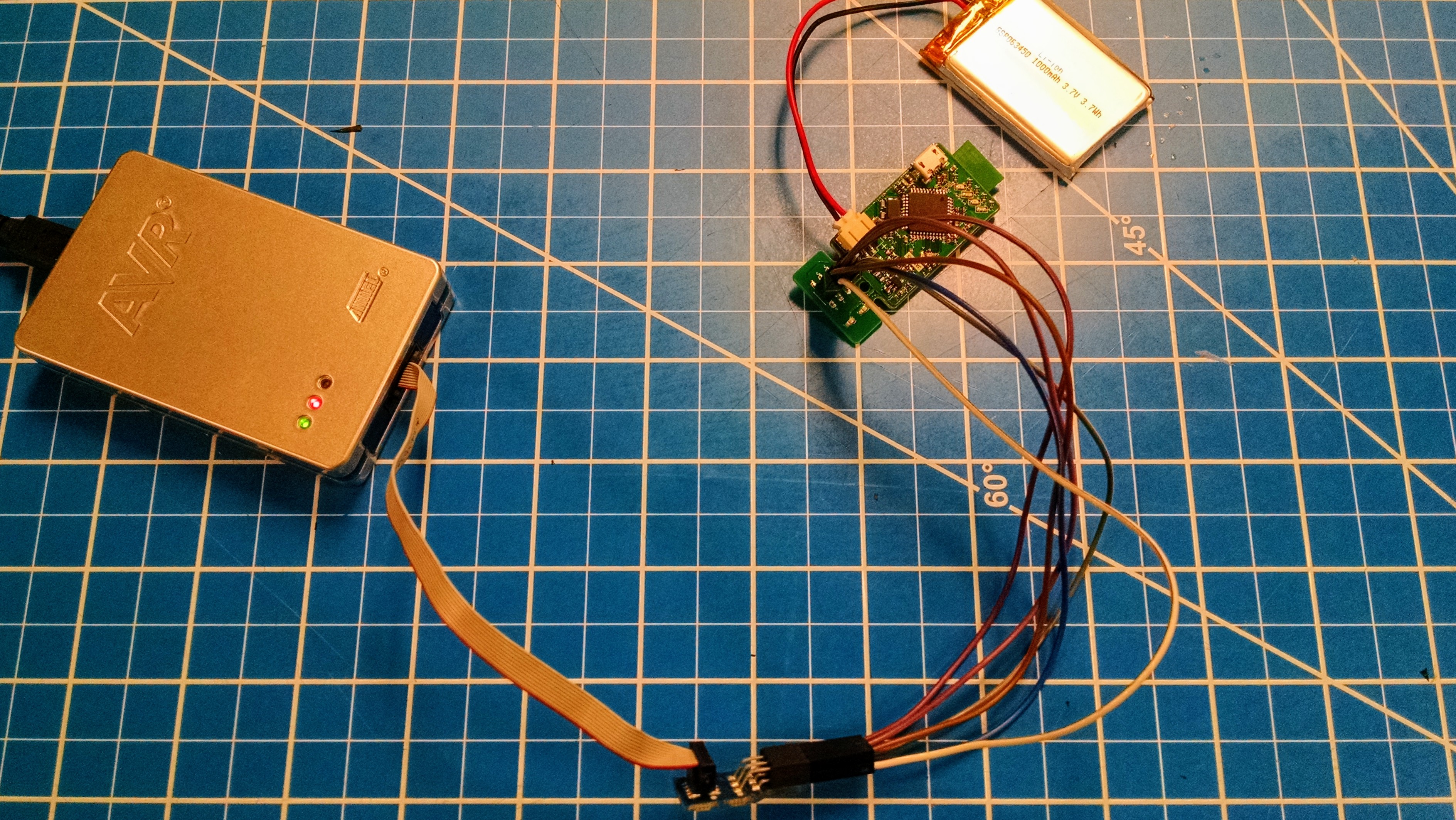 JTAGICE3 programmer hooked up to JARVAS tag baord